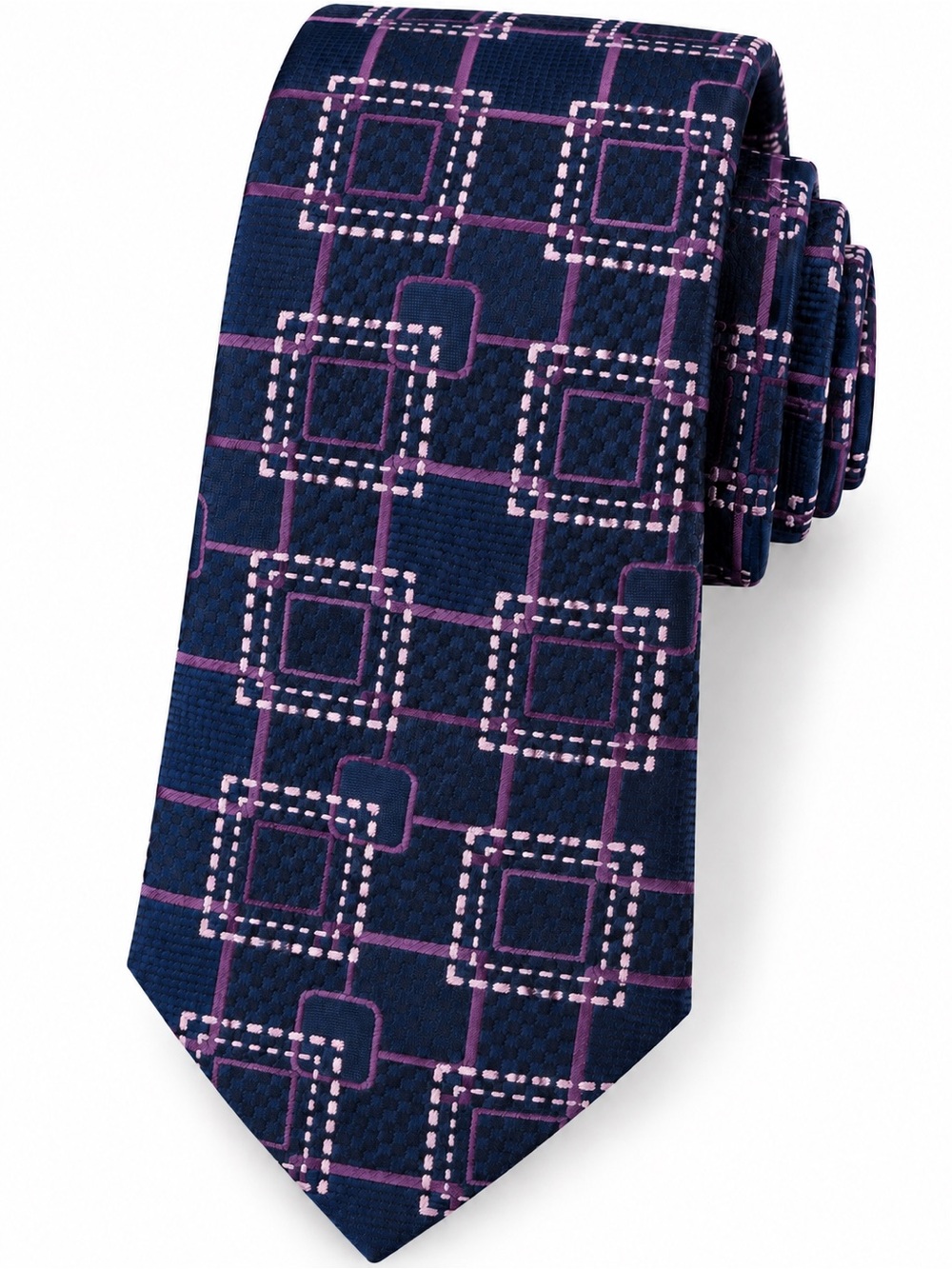 Men’s Bugatchi 100% Silk Necktie, Navy Purple Geometric